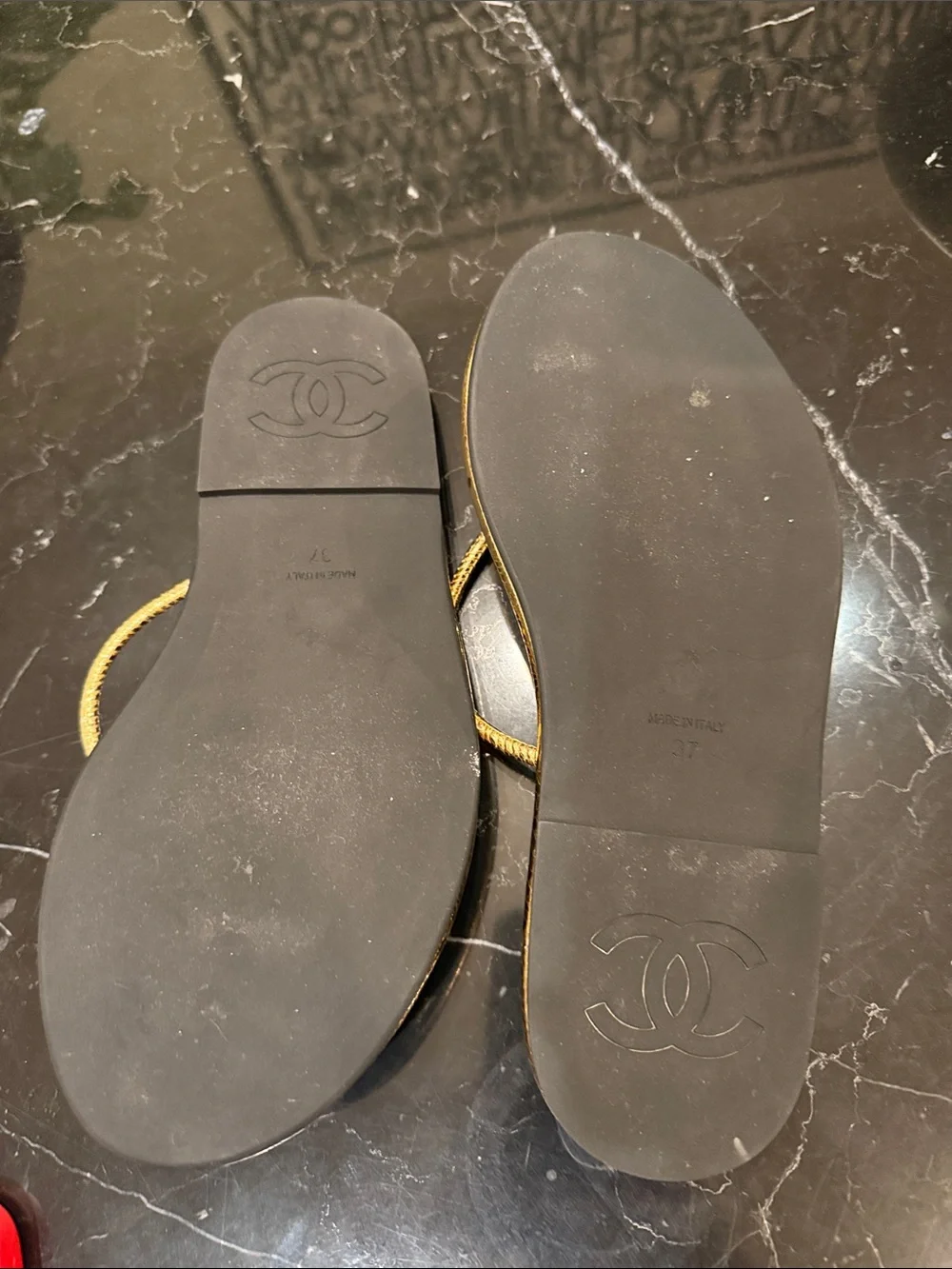 CHANEL Metallic Gold Leather Thong Sandals with Double CC Logo